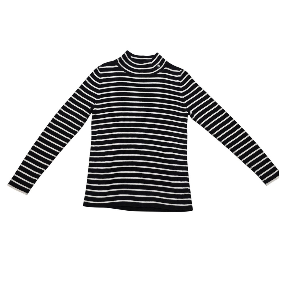 Lauren Ralph Lauren Striped Mock Neck Ribbed Cotton Sweater Navy White Womens L